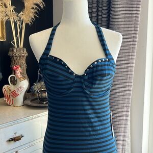Switchblade Stiletto Halterneck Y2K striped fitted dress with rocker stud detail